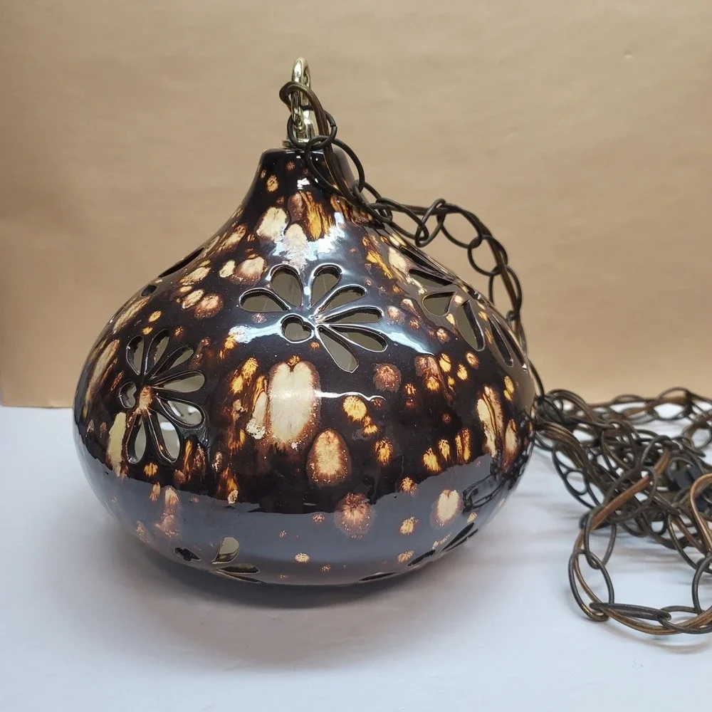 Vintage Handmade Ceramic Swag Lamp Brown‎ Drip Glaze Floral Cutout Pendant Light